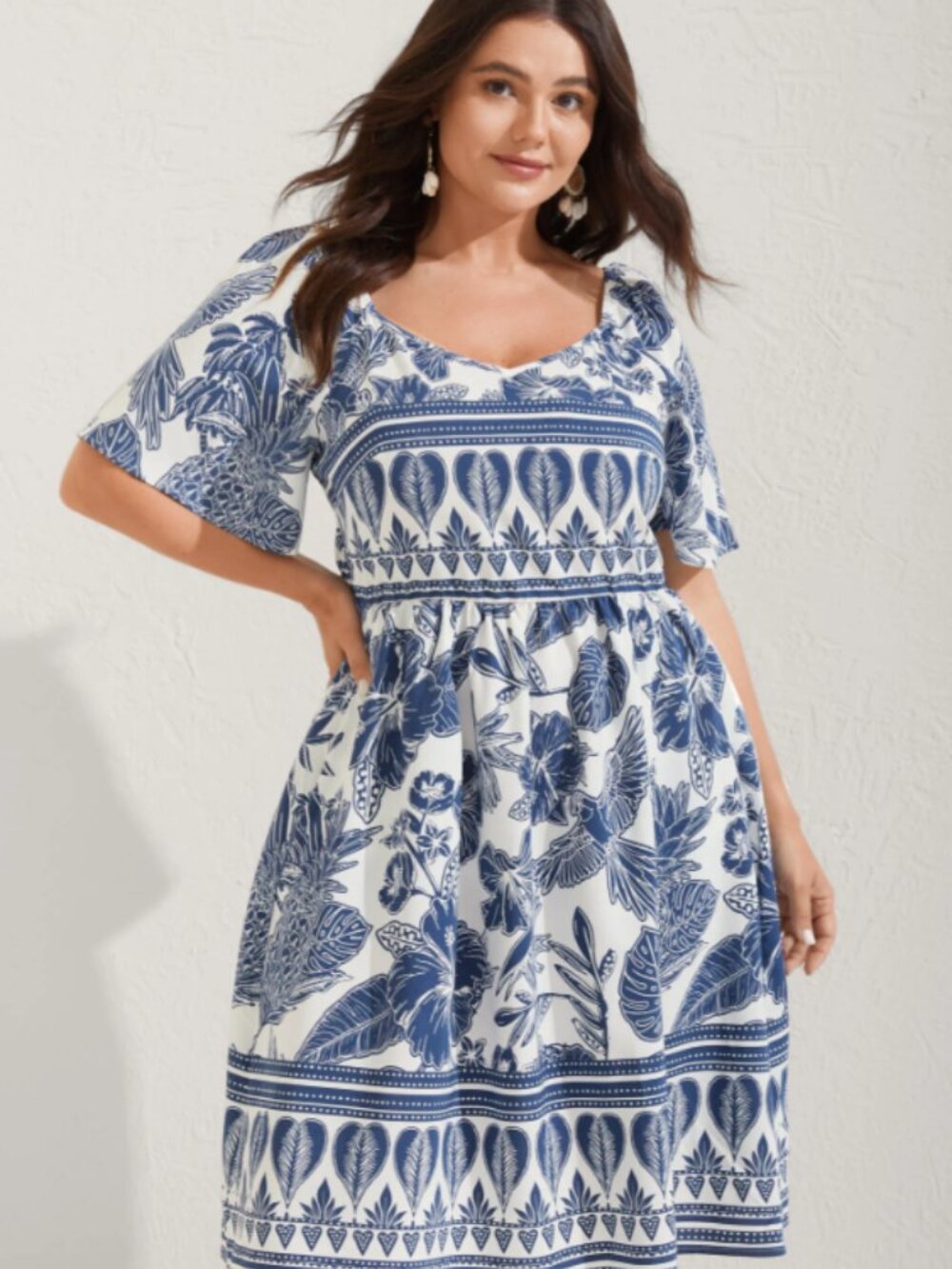 BloomChic White Midi Dress with Blue Botanical Print
